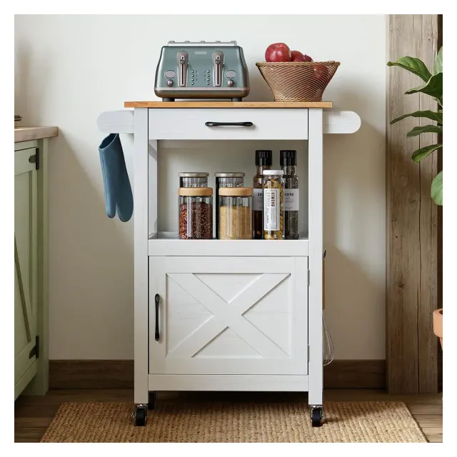 VINGLI Microwave Cart with Drawer and Storage Cabinet, Small Kitchen Island on Wheels, Coffee Station Microwave Stand with Hooks & Shelves