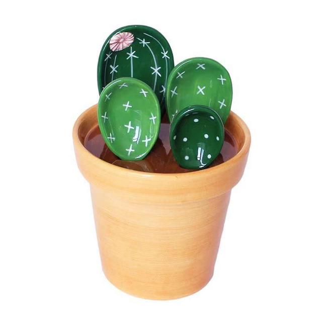 Creative cactus ceramic baking weighing spoon - home kitchen ceramic salt and sugar small spoon practical and interesting cactus dessert spoon - With Base (2colors No lace, 16cm)