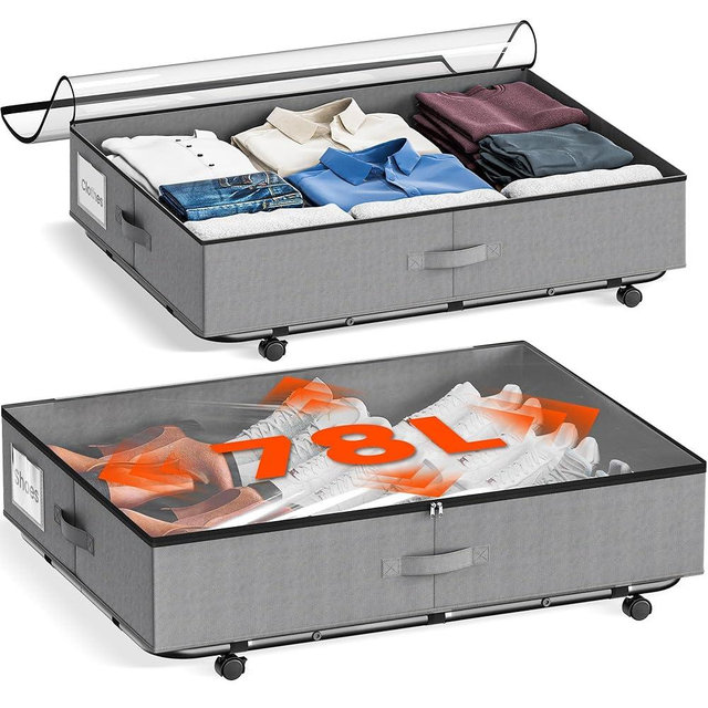 XXXL 78L Under Bed Storage with Wheels, Rolling Storage Containers with Clear Lid & Label, Heavy-Duty Metal Frame, Easy Pull-out, Underbed Storage Bins for Clothes, Shoes, Blankets, and Toys(2PACK)