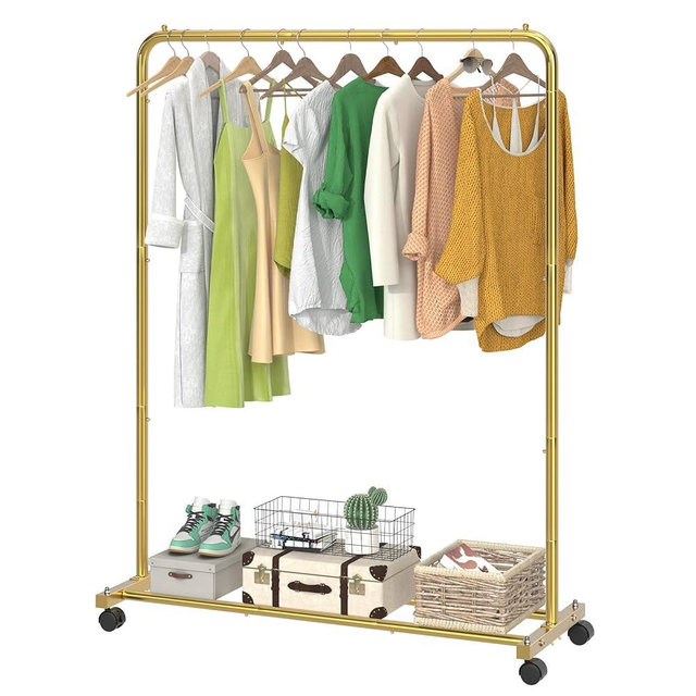 Simple Trending Standard Clothes Clothing Garment Rack with Storage Shelves, Rolling Clothes Organizer on Wheels for Hanging Clothes, Gold