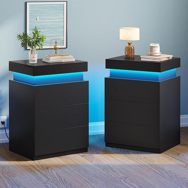 BTHFST LED Nightstands Set of 2,Night Stands for Bedroom Set of 2,Nightstand with Charging Station and Sliding Top,Bedside Table with Power Outlets & Drawers,Modern End Side Table (Black)