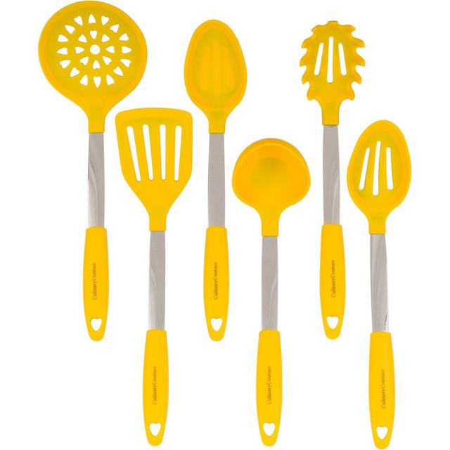 Yellow Kitchen Utensil Set - Stainless Steel Silicone Heat Resistant Professional Cooking Tools - Spatula, Mixing Slotted Spoon, Ladle, Pasta Fork Server, Drainer - Bonus Ebook!