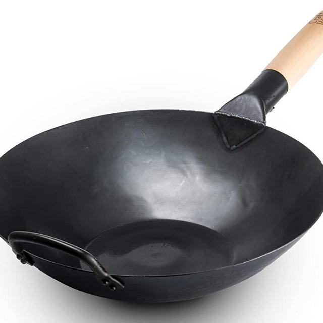 Black13 by Craft Wok Flat Pre-Seasoned Hammered Carbon Steel Wok with Wooden and Steel Helper Handle (13 Inch, Flat Bottom)