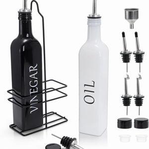 Tebery 2 Pack Oil and Vinegar Dispenser Set with Caddy Holder, 17oz Black & White Olive Oil Dispenser Bottle, Cute Modern Vintage Glass Cruet for Kitchen