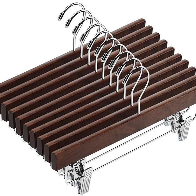 AMKUFO 20pcs Wooden Pants Hangers Solid Pants Hangers with Adjustable Clips 14 Inch Walnut Wood Skirt Hangers Trousers Bottom Hangers with Non-Slip Clips and 360° Swivel Hook