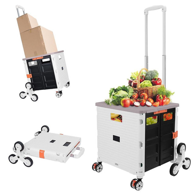 FELICON SELORSS Folding Utility Cart Portable Rolling Crate Handcart with Stair Climbing Wheels&360°Swivel Wheels Telescoping Handle Plastic Box Dolly for Travel Shop Move Office Teacher Use(White)