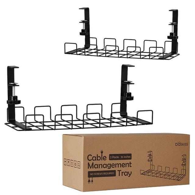 Under Desk Cable Management Tray 2 Packs, 16" Under Desk Cord Organizer with Clamp Mount System for Wire Management, Metal Wire Cable Holder for Desks, Offices, and Kitchens, No Need to Drill Holes