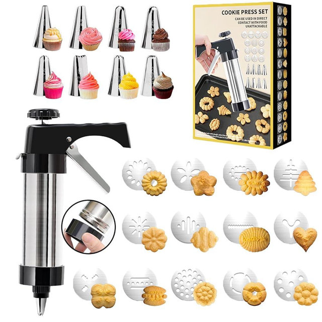 AXWATDEI Cookie Press Gun Black - Spritz Cookie Press Kit with 12 Discs & 6 Piping Tips | Perfect for Thanksgiving Christmas, Baking & Cake Decorating