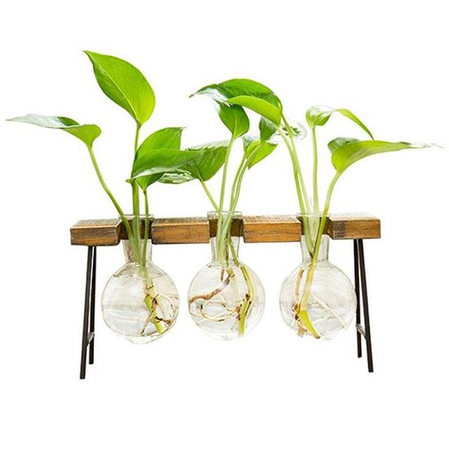 Ganxie Plant Shelf 3-Glass Boiling Flask-Style Flower Vases with Rustic Wood Metal Tabletop Stand (Color : 3)