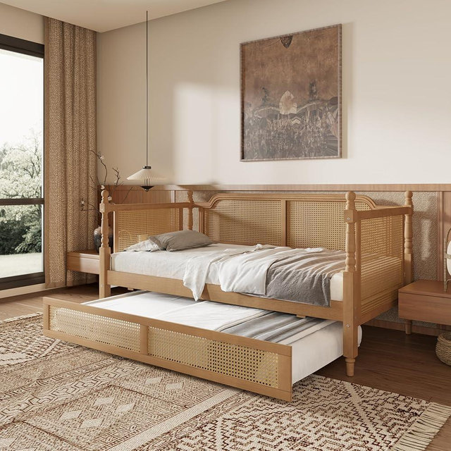 Merax Twin Size Rattan Bed Frame with Twin Size Trundle, Wood Bedframe Daybed for Bedroom, Guest Room, Limited Space, No Box Spring Needed, Antique Walnut