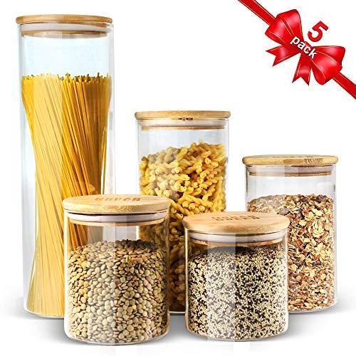 Glass Jars with Bamboo Lids Urban Green, Glass Airtight canisters sets, Glass Containers, Pantry Organization and Storage, Bathroom Organizer, Cereal Canister, Pantry Organizer sets of 5