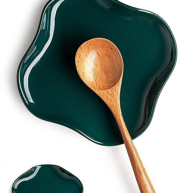 Spoon Holder for Stove Top, Ruffled Edge Ceramic Ladle Holder, Modern Kitchen Decor Stove Spoon Holder Cooking Ladle Holder for Multiple Utensils, Dark Green