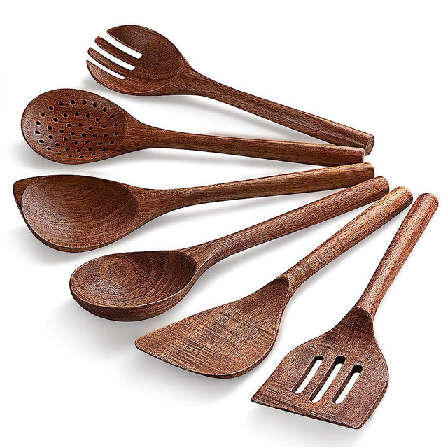 Wooden Spoons Utensils for Cooking Serving 6-Piece 12 Inch Round Handle Acacia Wood Non Stick Set