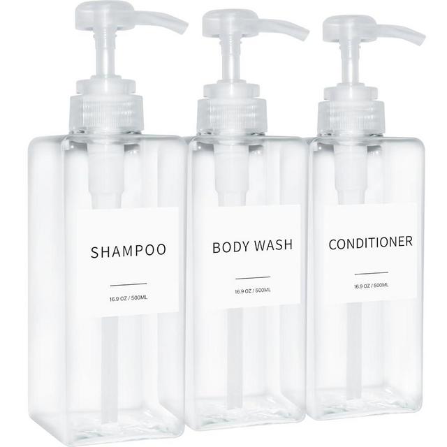 Shampoo and Conditioner Dispenser, Refillable Plastic Shampoo Pump Bottles with Waterproof Labels, Empty Body Wash Dispenser Set for Bathroom, Shower Soap Dispenser (Clear, Set of 3, 16.9oz)