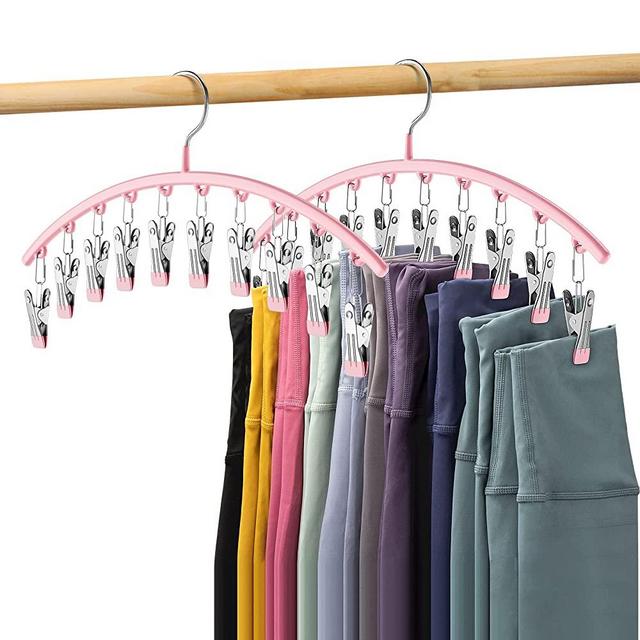 Volnamal Legging Organizer for Closet, Metal Pants Hangers 2 Pack with 10 Clips Holds 20 Leggings, Hangers Space Saving Hanging Closet Organizer w/Rubber Coated Closet Organizers and Storage, Pink