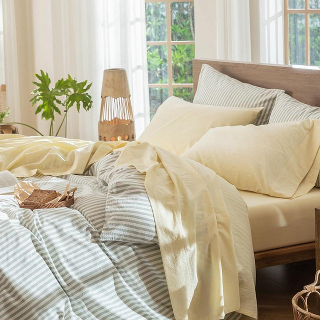 MooMee Bedding Sheet Set 100% Washed Cotton Linen Like Textured Breathable Durable Soft Comfy (Heathered Butter Yellow, Queen)