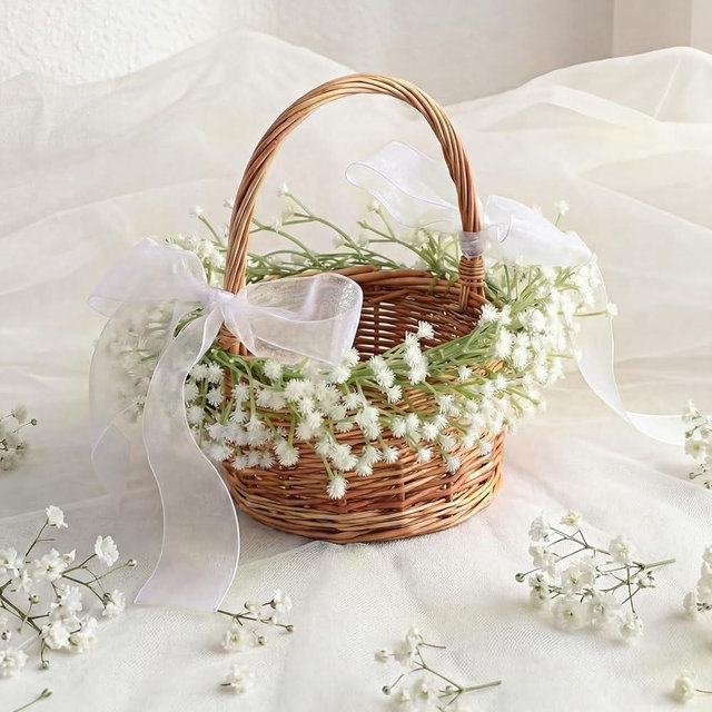 Teecyhooo Baby Breath Artificial Flower Girl Basket with Bow Rustic Wedding Wicker Rattan Flower Basket with Handle Handwoven Easter Baskets for Spring Home Decoration Baby Shower Picnic Garden