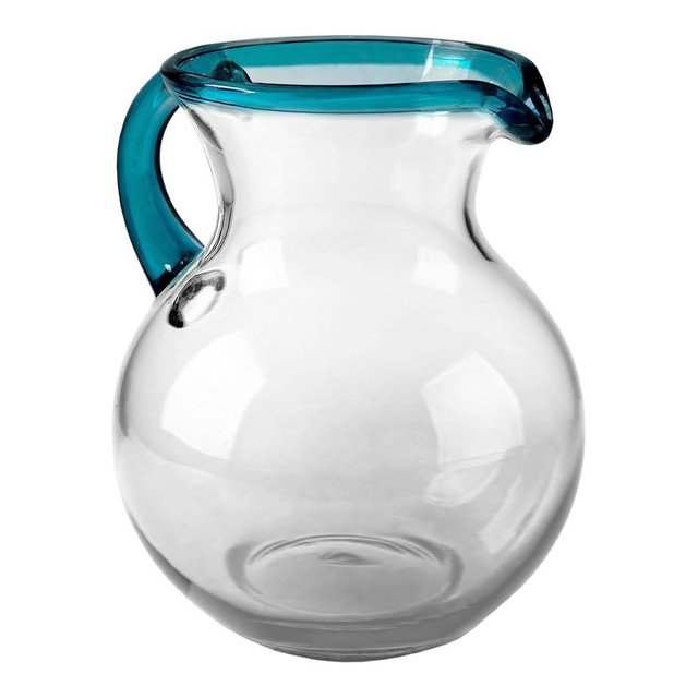 artisan accents Hand-Blown Glass Drink Pitcher From Mexico – Blue Rim | Authentic Handcrafted 84oz Mexican Carafe with Handle | Perfect for Water, Juice or Margaritas