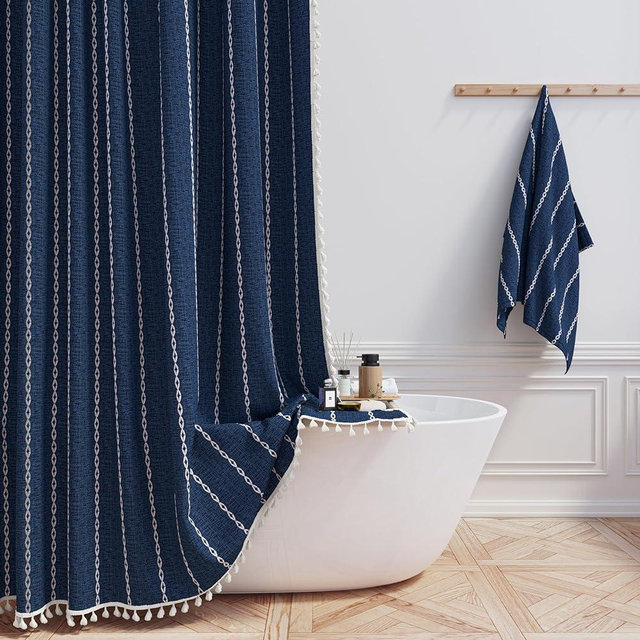 BTTN Boho Farmhouse Shower Curtain - Linen Rustic Weighted Striped Fabric Shower Curtain Set with Tassel, Water Repellent, Bohemian Vintage Country Cloth Shower Curtain for Bathroom, Navy Blue, 72x72