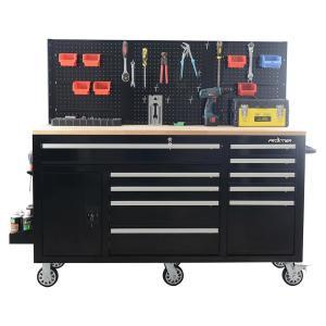 62 in. 10-Drawer Tool Chest Cabinet with Pegboard Back Wall, Heavy Duty Mobile Workbench in Black
