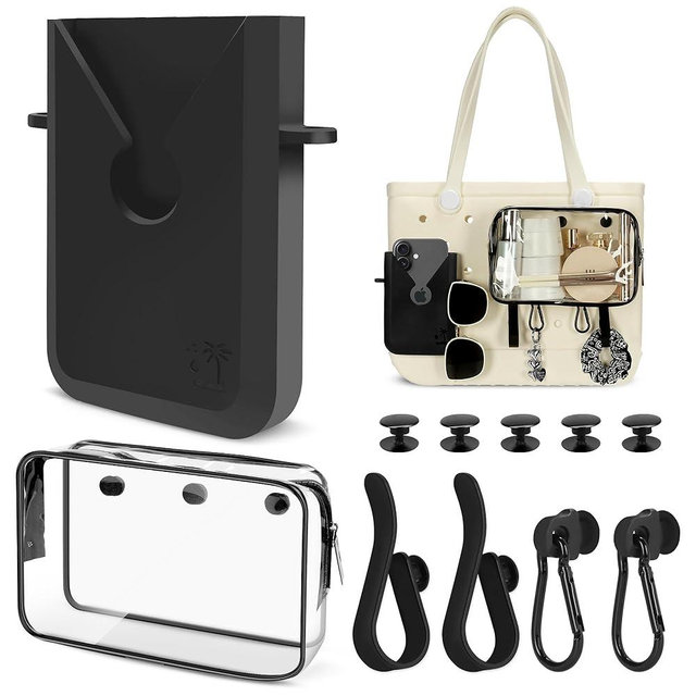 Sznauy 6PCS Compatible with Original Medium and Large Bogg Bag,Phone Holder for Inside and Outside of Bogg Bag Accessories,PVC Insert Bags,Hooks,and Keychain(Black)