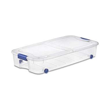 4-Pack Under Bed Plastic Storage Bin Unit Boxes Are Containers For Clothes, Books, Diapers, Shoes, Linen. Office Supplies, Camping, RV, Pantry Foods 66 Quart Capacity