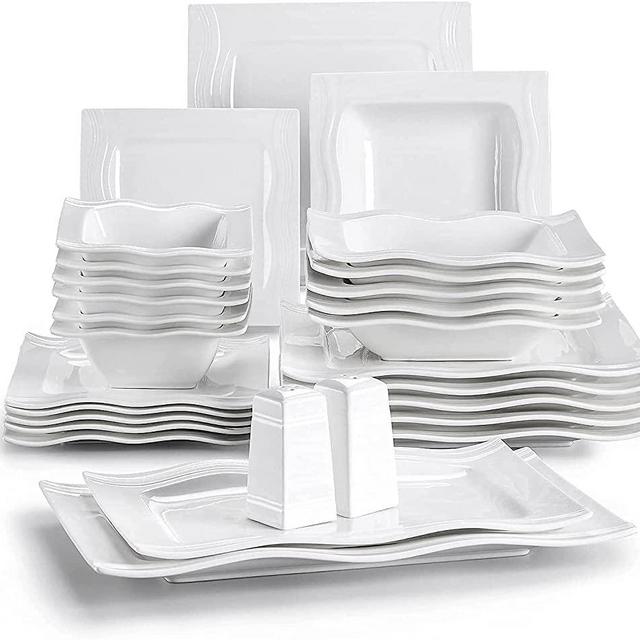 MALACASA Porcelain Dinnerware Set, 28-Piece Ivory White Square Dinnerware Sets, Modern Dishes Plates and Bowls Set, Salt Pepper Pot and Serving Platters, Service for 6, Series Mario