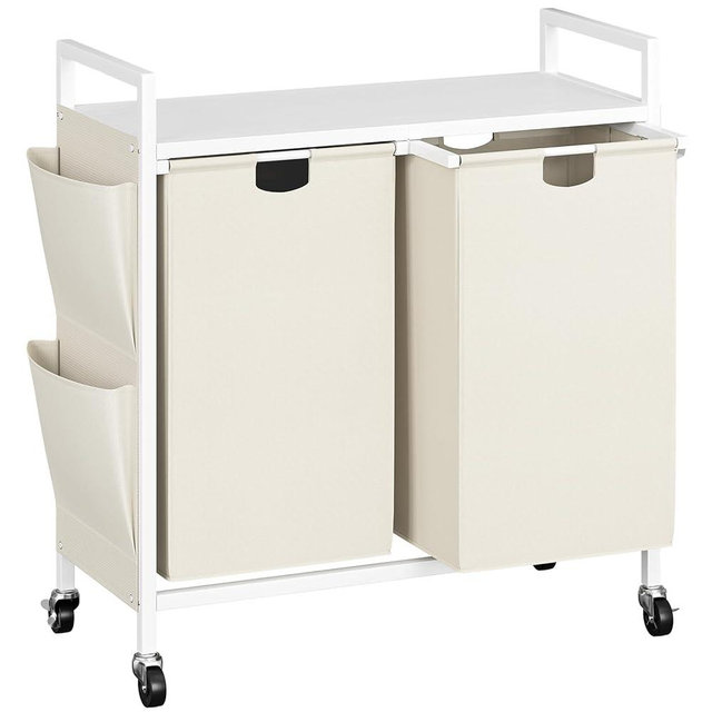 WOWLIVE Double Laundry Hamper with Lid,Rolling Laundry Basket Organizer with Wheels, Iron-Made Laundry Sorter with Top Shelf and 2 Removable Bags,Large Clothes Storage for Room,White