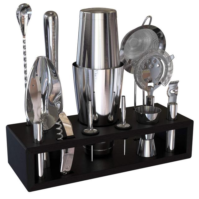 Highball Chaser 13-Piece Boston Cocktail Shaker Set Stainless Steel Mixology Bartender Kit With Stand For Home Bar Cocktail Set | Laser Engraved Cocktail Tools | Plus E-Book with 30 Cocktail Recipes