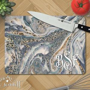 Ocean Marble Personalized Glass Cutting Board - Monogrammed Blue and Gray Kitchen Decor - Wedding or New Home Gift - Rectangular or Round