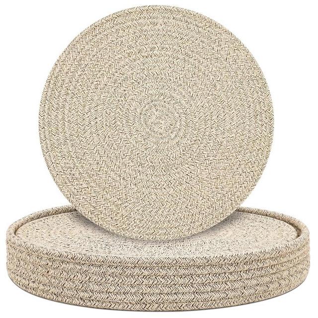 Round Placemats Set of 6 with Holder, Cotton Rope Woven Place Mats, Hot Pads for Kitchen, Heat Resistant Table Mats, 13 Inch Farmhouse Washable Braided Placemat for Kitchen Decor (Brown)