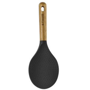 STAUB Rice Spoon, Perfect for Keeping Rice Fluffy While Scooping and Serving, Durable BPA-Free Matte Black Silicone, Acacia Wood Handles, Safe for Nonstick Cooking Surfaces, 8.75 x 3 x 0.75 inches