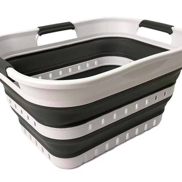 SAMMART Collapsible Plastic Rectangular Laundry Basket - Foldable Pop Up Storage Container/Organizer - Portable Laundry Hamper - Space Saving (White/Steel Grey, 19L)