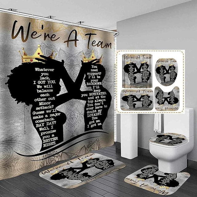 4 Pcs Black King Queen Shower Curtain Set, Inspirational Quotes Black Man Women Bathroom Decor Sets with Shower Curtain and Rugs Toilet Lid Cover Bath Mat, Romantic valentines Day Shower Curtains