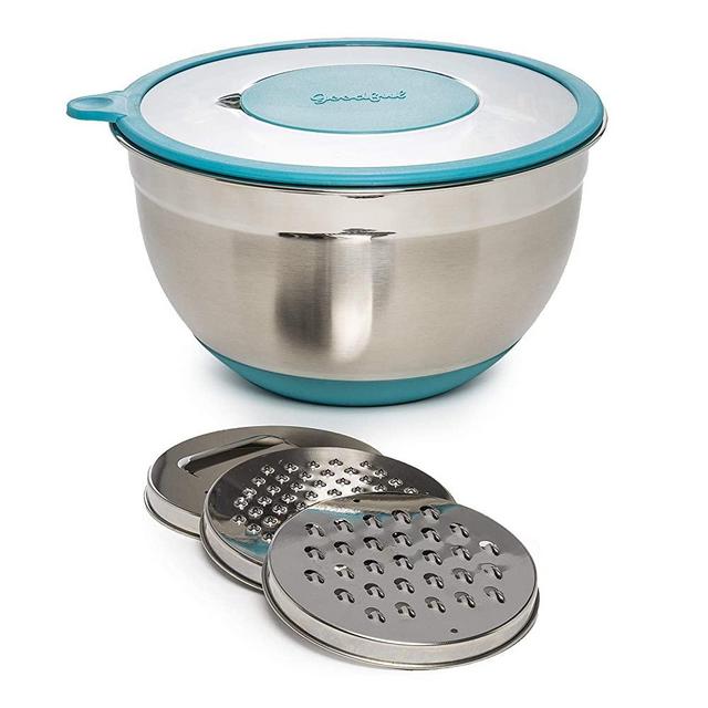 Goodful Stainless Steel Mixing Bowl with Non-Slip Bottom, Lid and 3 Interchangeable Grater Inserts (Fine, Coarse, Slicing), Comfortable Handle and Pour Spout, 5 Quart, Teal