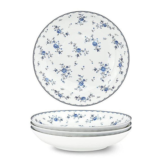 fanquare 8 Inch Porcelain Salad Bowls Set of 4, Round Floral Plates Set for Soup, Pasta, Dessert, Fruit