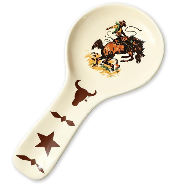 FYSUIMU 9.4inch Western Cowboy Spoon Rest Wild West Ceramic Utensil Rest Watercolor Rodeo Cooking Spoon Holder for Rustic Stove Top Kitchen Counter Decor