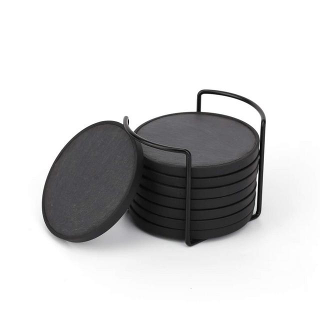 Slate Stone Drink Coasters with Holder - Detachable Non-scratch and Non-slip Ring - Condensation Prevent-4 Inch Handmade Round Coaster Set-Tabletop Protection for Any Bar Home Décor-8 Pack- KITCHENDAO