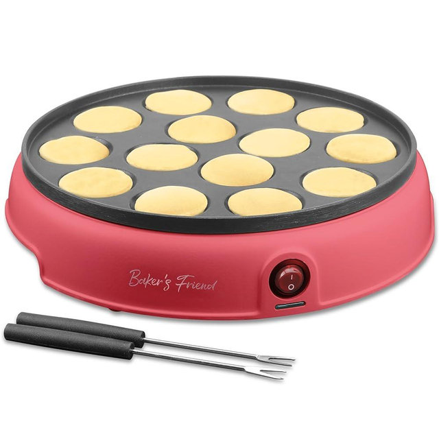 Baker's Friend Mini Pancakes Maker Machine, Dutch Mini Pancake Griddle, 14 Holes Electric Poffertjes Pan, Ideal for Breakfast, Snacks, Desserts & More, Red