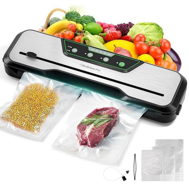 Automatic Food Vacuum Sealer Machine | Beelicious Pro 80KPa 8-In-1 Food Vacuum Saver with Starter Kits | 15 Bags, Pulse Function, Moist & Dry Mode and External VAC for Jars and Containers