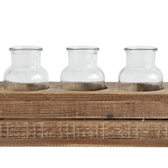 Creative Co-Op Wood Crate with 5 Glass Bottles Bud Vase Set, Brown, 6 Piece