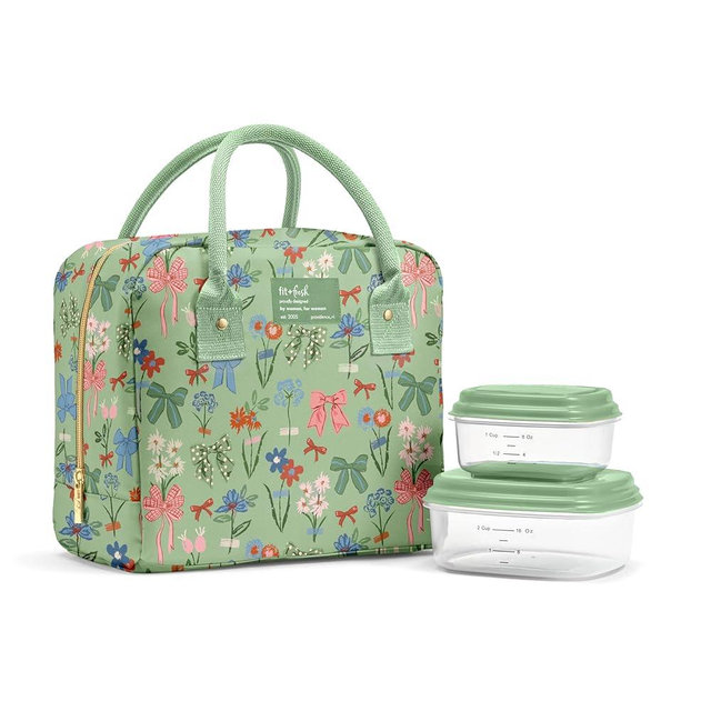 Fit & Fresh Bloomington Lunch Bag for Women - Insulated Large Lunch Box for Work with Containers, Leak-Resistant, Stain-Resistant, Zipper Closure, Sage Bows & Flowers