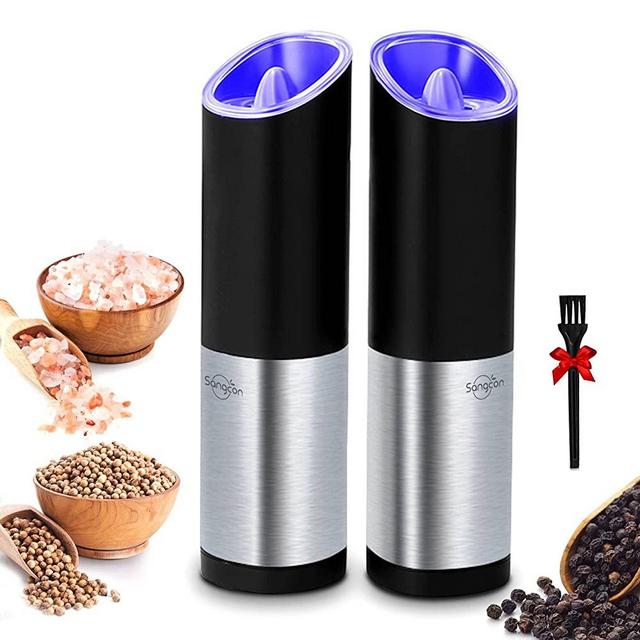 Electric Salt and Pepper Grinder Mill Set with Safety & Gravity Switch, 2022 Upgraded Stainless Steel Automatic Pepper Grinder with Adjustable Coarseness, One Handed Operation, Battery Powered