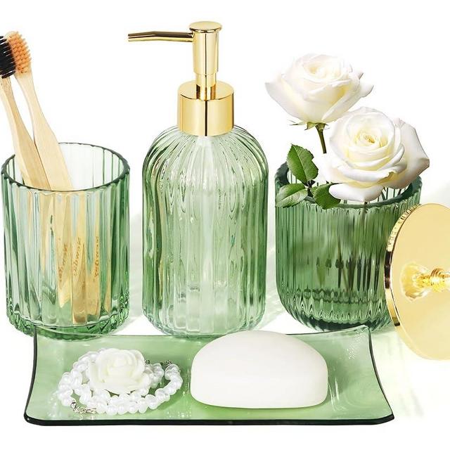 Designer Green Glass Bathroom Accessories Sets - 4 Pcs with Lotion Soap Dispenser, Bathroom Toothbrush Holder, Vanity Tray, and Apothecary Jar, Vintage Bathroom Decor, Gift Countertop Organizer