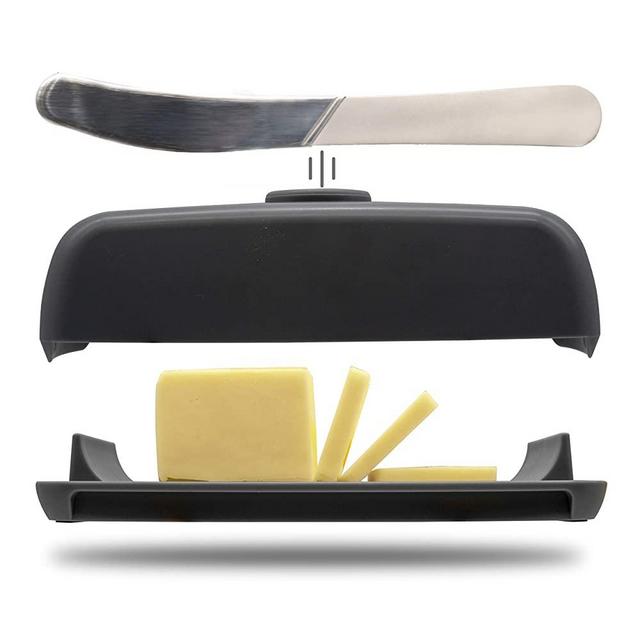 Butter Hub Butter Dish with Lid and Knife, Magnetic Butter Keeper, Easy Scoop, No Mess Lid, Plastic, Dishwasher Safe (Black)