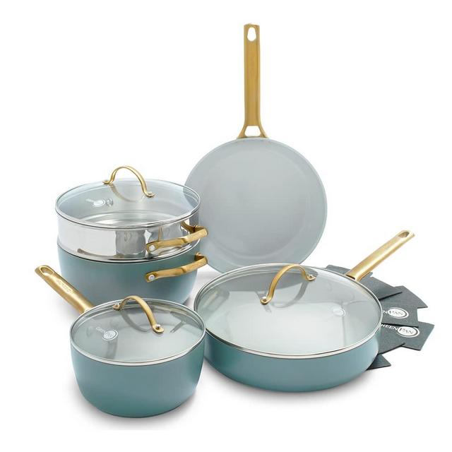 GreenPan Padova Hard Anodized Healthy Ceramic Nonstick, 10 Piece Cookware Pots and Pans Set, PFAS-Free, Dishwasher Safe, Smokey Blue