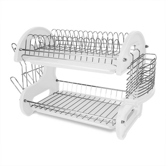 Home Basics 2-Tier Plastic Dish Drainer, White