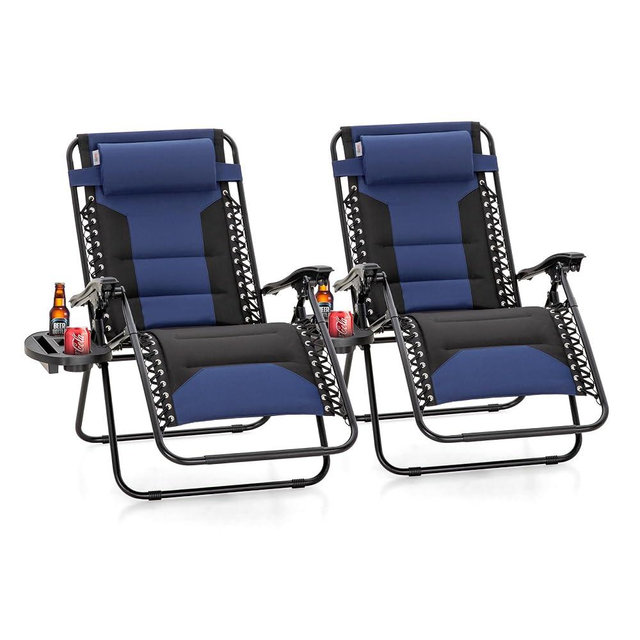 PHI VILLA XXL Oversized Padded Zero Gravity Chair, Foldable Patio Recliner, 28" Wide Seat Anti Gravity Lounger with Cup Holder, Set of 2, Support 400 LBS (Blue Black)