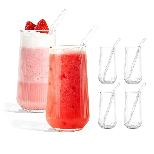 AGH 16OZ Ribbed Drinking Glasses with Glass Straws,6-Piece Glassware Set,Clear Water Glasses for Iced Coffee, Smoothies, Cocktails, and Juices,Dishwasher Safe Glass Cups for Party.