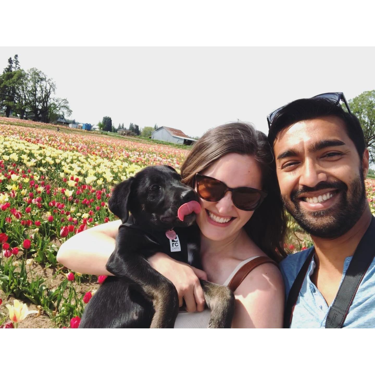 Jay got a puppy and hooked Emma in right from the start. This is a picture of their first outing all together at the Tulip Festival.